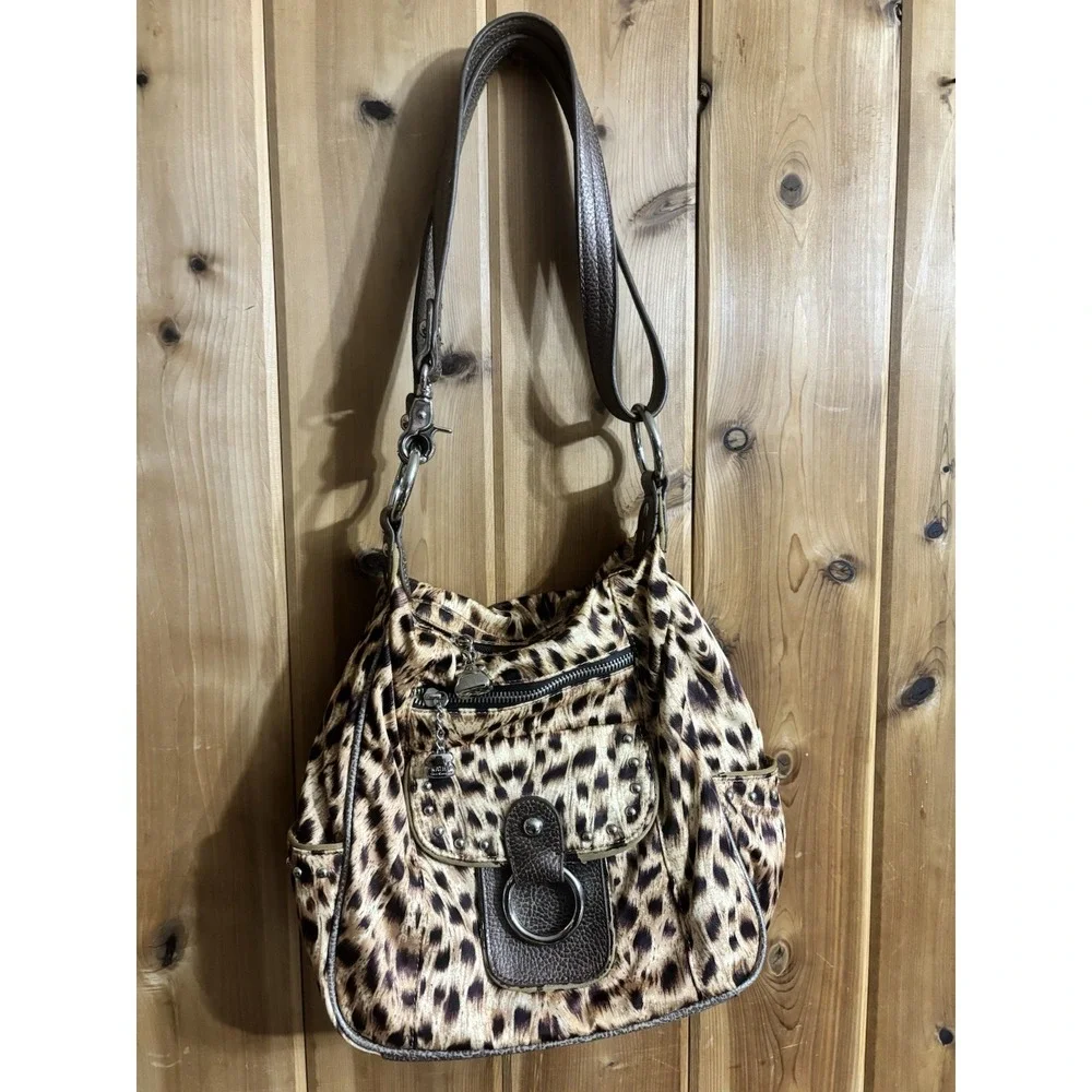 Kathy Van Zeeland Leopard Print Hobo Bag Y2K Studded Shoulder Purse Brown